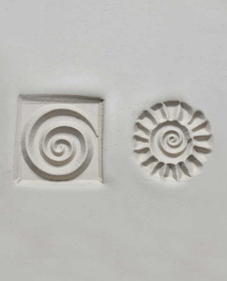 MKM Pottery Tools Stempel-Set Für Ton – 4 Stück, Quadratisch, Mittelgroß (3x3 Cm), Spiralmuster, Beidseitig